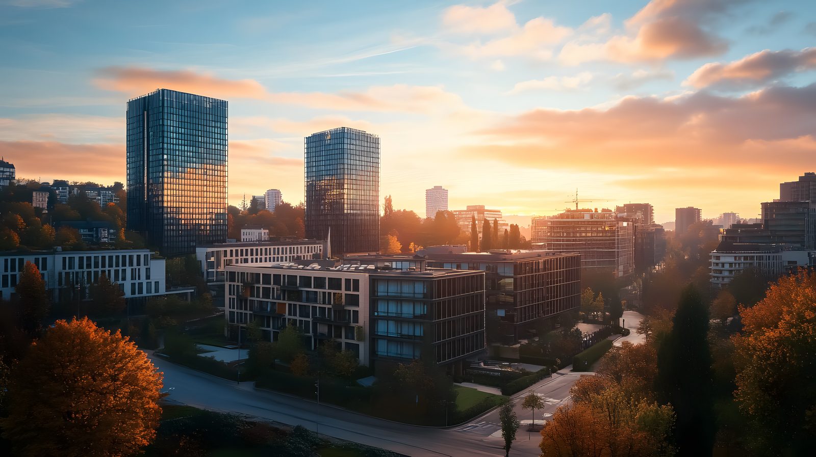 City skyline at sunset